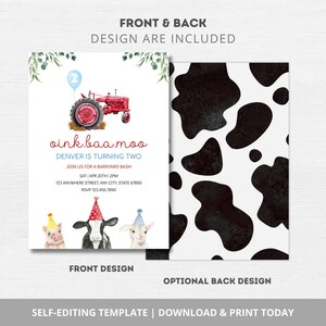 May include: Printable invitation for a farm-themed birthday party. The front features a red tractor with a blue balloon that says "2". The back has a black and white cow print pattern. The text on the front reads "oink.baa.moo Denver is turning two Join us for a barnyard bash Sat Apr 20th 2pm 123 Anywhere Street, Any City, State 67890 RSVP 123.456.7890"
