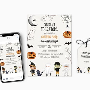 May include: A printable Halloween party invitation with a black and white illustration of a crescent moon, bats, and a spider web. The text reads "Calling all monsters you're invited to a costume party Joseph is turning 8!" with details for the party date, time, location, and RSVP information. A matching thank you tag with the same illustration and text "Thank you for coming! -Joseph" is also included.