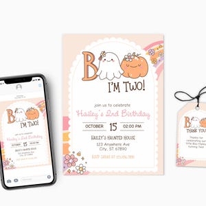 May include: A pink and orange Halloween-themed birthday invitation with a ghost and pumpkin illustration. The text reads "Boo I'm Two!" and "Hailey's 2nd Birthday".