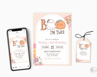 Invitación de segundo cumpleaños de niña fantasma: Bu, tengo dos años, segundo cumpleaños de Halloween, fiesta de octubre