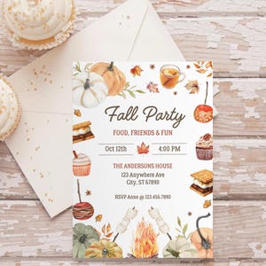May include: A fall party invitation with watercolor illustrations of pumpkins, leaves, and treats. The invitation includes the text "Fall Party, Food, Friends & Fun" and event details. Two cupcakes and an envelope are in the background.