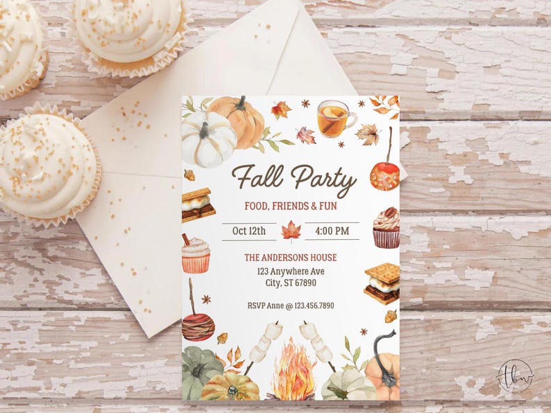 May include: A fall party invitation with watercolor illustrations of pumpkins, leaves, and treats. The invitation includes the text "Fall Party, Food, Friends & Fun" and event details. Two cupcakes and an envelope are in the background.