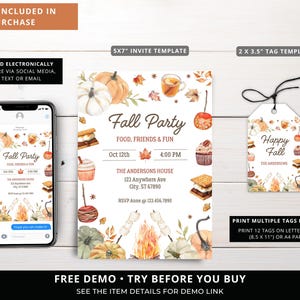 May include: A fall-themed invitation and tag template with pumpkins, food illustrations, and the text "Fall Party." The invitation is displayed on a smartphone and printed on paper. The tag reads "Happy Fall."
