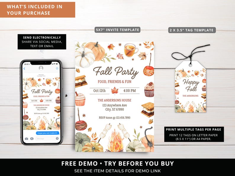 May include: A fall-themed invitation and tag template with pumpkins, food illustrations, and the text "Fall Party." The invitation is displayed on a smartphone and printed on paper. The tag reads "Happy Fall."