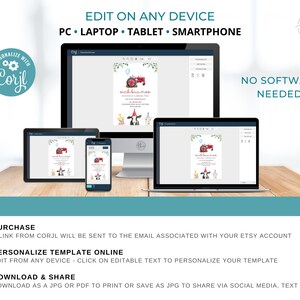 May include: A digital mockup showing how to personalize a printable invitation template using the Corjl website. The invitation features a red tractor, a blue balloon, and the text "sink beamas". The text "Edit on any device" is displayed above the mockup. The text "PC, Laptop, Tablet, Smartphone" is displayed below the mockup. The text "No Software Needed!" is displayed in the upper right corner of the image. The text "Personalize with Corjl" is displayed in the upper left corner of the image.