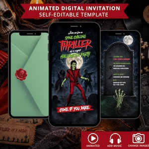May include: An animated digital Halloween party invitation template displayed on three smartphones. The screens show a green envelope with a red wax seal, a zombie figure in a red suit under a full moon, and event details on a tombstone background.