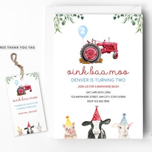 May include: A red and white tractor with a blue balloon attached to the back. The tractor is on a hay bale. The text "oink.baa.moo" is written in red and white. The text "Denver is turning two" is written in black. The text "Join us for a barnyard bash" is written in black. The text "Sat | Apr 20th | 2pm" is written in black. The text "123 Anywhere Street, Any City, State 67890" is written in black. The text "RSVP 123.456.7890" is written in black. The image is a birthday invitation for a child turning two.