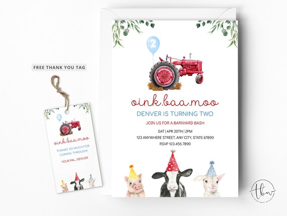 Farm Animals Invite, Barnyard Invitation, Tractor Invite, Second Birthday Party, Boy Farm Birthday, Editable Invitation 0138V1