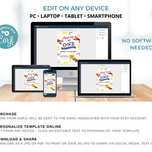May include: A digital illustration of a lobster holding a sign that says "Pinch me I am one". The illustration is on a computer screen, tablet, and phone. The text "Edit on any device" is at the top of the image. The text "PC, Laptop, Tablet, Smartphone" is below the text "Edit on any device". The text "No Software Needed!" is on the right side of the image.