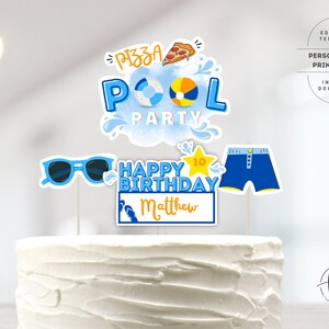 Pool Party Cake Topper, Pizza Pool Party, Pool Party Cake Decor, Instant Download, Bewerkbare Cake Topper, Afdrukbare sjabloon 0102V2