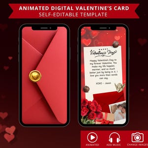 Puede incluir: Dos smartphones muestran una tarjeta digital de San Valentín. Uno muestra un sobre rojo con un cierre de corazón dorado. El otro muestra un mensaje de San Valentín, bombones, rosas y una foto. La tarjeta es autoeditable.