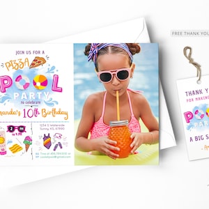 Pizza Pool Party Invitation, Girl Pool Party, Pizza and Pool Party, Photo Invite, Swimming Party, Instant Download, Editable Template 0102V1