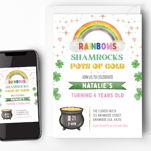 St. Patrick&#39;s Day Birthday Invitation, Saint Patty&#39;s Day Invite, Girl St Patrick&#39;s Party, Shamrocks Gold Rainbows, Instant Digital Download