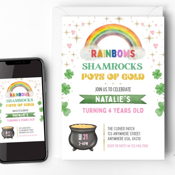 St. Patrick's Day Birthday Invitation, Saint Patty's Day Invite, Girl St Patrick's Party, Shamrocks Gold Rainbows, Instant Digital Download