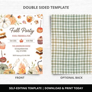 May include: A double-sided fall party invitation template. The front features watercolor illustrations of pumpkins, food, and a bonfire. The back has a green and white checkered pattern. Includes event details and RSVP information.