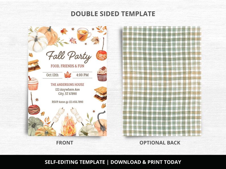 May include: A double-sided fall party invitation template. The front features watercolor illustrations of pumpkins, food, and a bonfire. The back has a green and white checkered pattern. Includes event details and RSVP information.