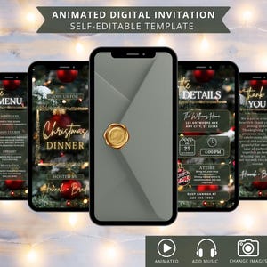 Weihnachtseinladung, animierte Weihnachtsbaum-Feiertagseinladung, digitales Evite, selbstbearbeitbare DIY-Vorlage
