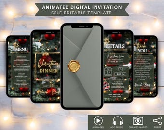 Christmas Dinner Invitation, Animated Christmas Tree Holiday Invite, Digital Evite, Self-Editable DIY Template