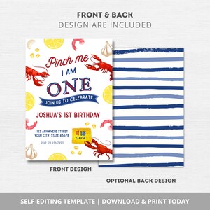 May include: A printable birthday invitation featuring a red and white lobster, lemons, garlic, and shrimp. The text reads "Pinch me I am one. Join us to celebrate Joshua's 1st Birthday. 123 Anywhere Street Your City, State 45678 2-4PM RSVP 123.456.7890"