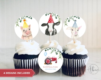 Farm Animals Cupcake Toppers, Barnyard Dessert Toppers, Farm Tractor, Boy Second Birthday Party, Printable Toppers, Oink Bah Moo 0138V1