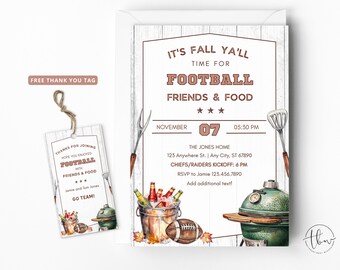 Fall Football BBQ Party Invitation: Tailgate & Brews, Football Friends and Food Invite, Editable Download