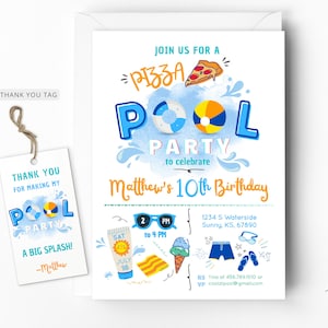 Pizza Pool Party Invitation, Boy Pool Party, Pizza and Pool Party Invite, Swimming Party, Instant Download, Editable Template 0102V2