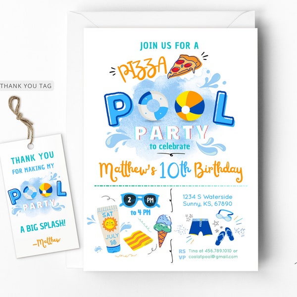 Pizza Pool Party Invitation, Boy Pool Party, Pizza and Pool Party Invite, Swimming Party, Instant Download, Editable Template 0102V2