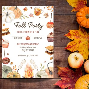 May include: A watercolor invitation for a fall party with pumpkins, leaves, and food illustrations. The text reads "Fall Party, Food, Friends & Fun" with the date October 12th and time 4:00 PM. The invitation includes an address and RSVP information.