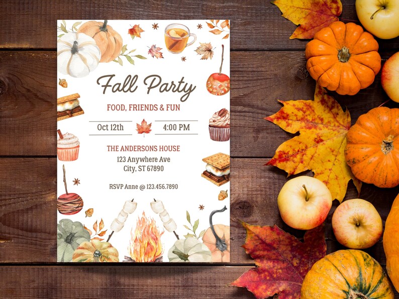 May include: A watercolor invitation for a fall party with pumpkins, leaves, and food illustrations. The text reads "Fall Party, Food, Friends & Fun" with the date October 12th and time 4:00 PM. The invitation includes an address and RSVP information.