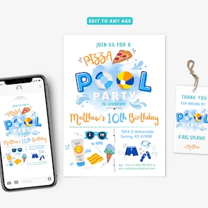 Pizza Pool Party uitnodiging, Boy Pool Party, Pizza en Pool Party uit te nodigen, zwemmen Party, Instant Download, bewerkbare sjabloon 0102V2