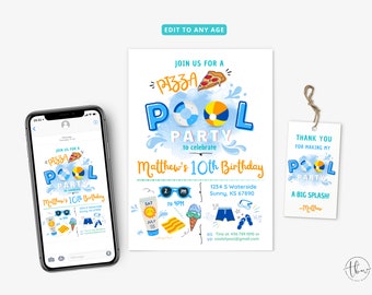 Pizza Pool Party Invitation, Boy Pool Party, Pizza and Pool Party Invite, Swimming Party, Instant Download, Editable Template 0102V2