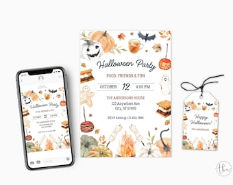May include: A Halloween party invitation suite featuring a smartphone, invitation, and gift tag. The invitation includes pumpkins, bats, and the text "Halloween Party." The date is October 12th at 4:00 PM.