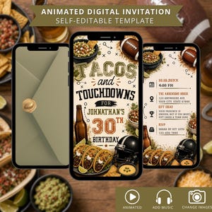 Pode incluir: Um modelo de convite digital animado para um 30º aniversário com tema de futebol americano e tacos. O design inclui o texto Tacos and Touchdowns for Johnathan's 30th Birthday, com gráficos de bolas, capacetes, tacos e cerveja.