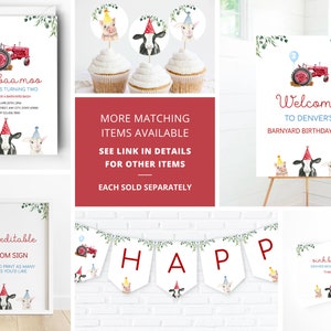 May include: Printable party decorations for a barnyard birthday bash. The set includes a welcome sign, a banner, cupcake toppers, a thank you card, and a fully editable custom sign. The decorations feature a red tractor, a cow, a pig, and a goat.