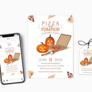 Pizza And Pumpkin Carving Party Invitation, Kids Halloween Art Party, Family Halloween Celebration, Jack-o-lantern Carving Pizza Party