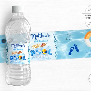 Pizza Pool Party Waterfleslabels, Pool Party Labels, Pool Party Decor, Waterfles Wraps, Instant Download, Bewerkbare sjabloon 0102V2