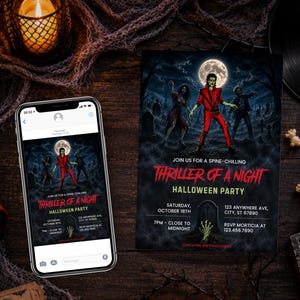 May include: A digital smartphone screen and a printed invitation card featuring a zombie in a red suit under a full moon. The text reads: Join us for a spine-chilling Thriller of a Night Halloween Party, Saturday, October 18th, 7pm - close to midnight.