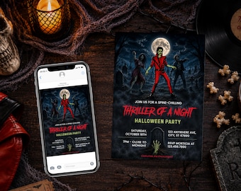 May include: A digital smartphone screen and a printed invitation card featuring a zombie in a red suit under a full moon. The text reads: Join us for a spine-chilling Thriller of a Night Halloween Party, Saturday, October 18th, 7pm - close to midnight.
