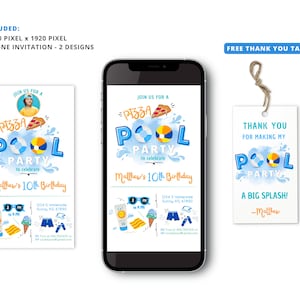 Pizza Pool Party, Pizza Party Phone Invite, Pizza and Pool Party Electronic Invite, Boy Pool Party, Text Mobile Invite, Editable Template