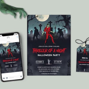 Könnte beinhalten: Eine digitale Einladung zu einer Halloween-Party mit einem gruseligen Thema. Die Einladung zeigt eine zombieartige Figur in einer roten Jacke und einer schwarzen Hose, mit dem Text "Thriller of a Night Halloween Party" in fetten roten Buchstaben. Die Einladung enthält auch das Datum, die Uhrzeit und den Ort der Party.