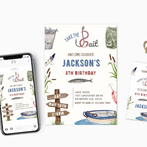 May include: A printable invitation for a boy's 8th birthday party with a fishing theme. The invitation features a watercolor illustration of a fishing rod, a bucket of bait, a fishing vest, and a boat. The text on the invitation reads "Take the Bait and Come Celebrate Jackson's 8th Birthday".