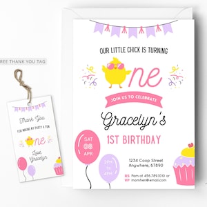 Baby Chick Birthday Invitation, Little Chick, 1st Birthday, Girl First Birthday Party Invite, Turning One, Editable Template