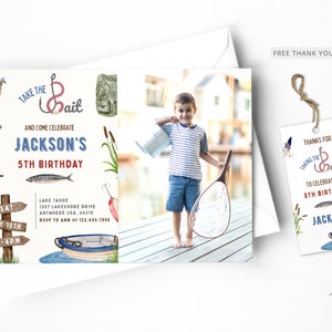 May include: A white invitation with a blue and red fishing theme. The invitation says "Take the Bait and Come Celebrate Jackson's 5th Birthday". The invitation also includes a date, time, and location for the party.