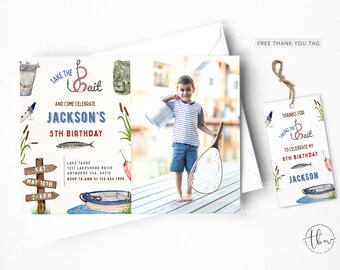 May include: A white invitation with a blue and red fishing theme. The invitation says "Take the Bait and Come Celebrate Jackson's 5th Birthday". The invitation also includes a date, time, and location for the party.