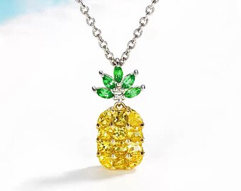 Colgante de piña de oro macizo de 18k zafiro amarillo y tsavorita / colgante de zafiro natural tsavorite / collar divertido / collar de verano