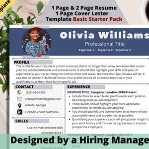 Op de afbeelding: Een blauwe en witte cv-sjabloon met een foto van een vrouw in de linkerbovenhoek. De tekst "Olivia Williams" staat in een groot lettertype bovenaan de pagina. De tekst "Designed by a Hiring Manager" staat onderaan de pagina.