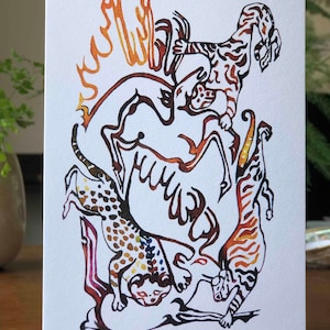 Wild cats & Deer, Scythian Art animal combat scene - watercolours