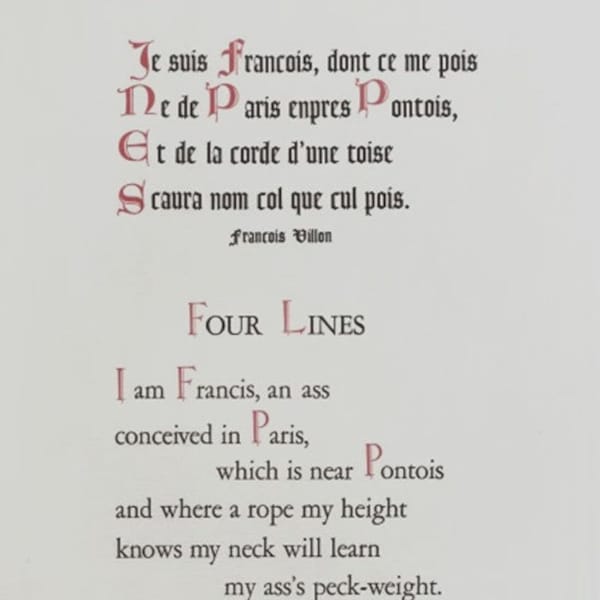 QUATRAIN.  By Francois Villon. Poetry Broadside.