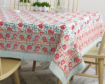 Hand block printed in Jaipur Peach Pink Green Tablecloth Rectangle Indian Cotton Tablecloth 100% Cotton Striped Patterned 4-6 seater Hand block printed in Jaipur Peach Pink Green Tablecloth Rectangle Indian Cotton Tablecloth 100% Cotton Striped Patterned 4-6 seater