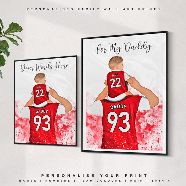 Gift for Dad, Personalised PRINT, Custom Football Family Portrait, 1st Birthday, New Daddy, Baby Gift Idea for Arsenal FC Fans, Wall ART